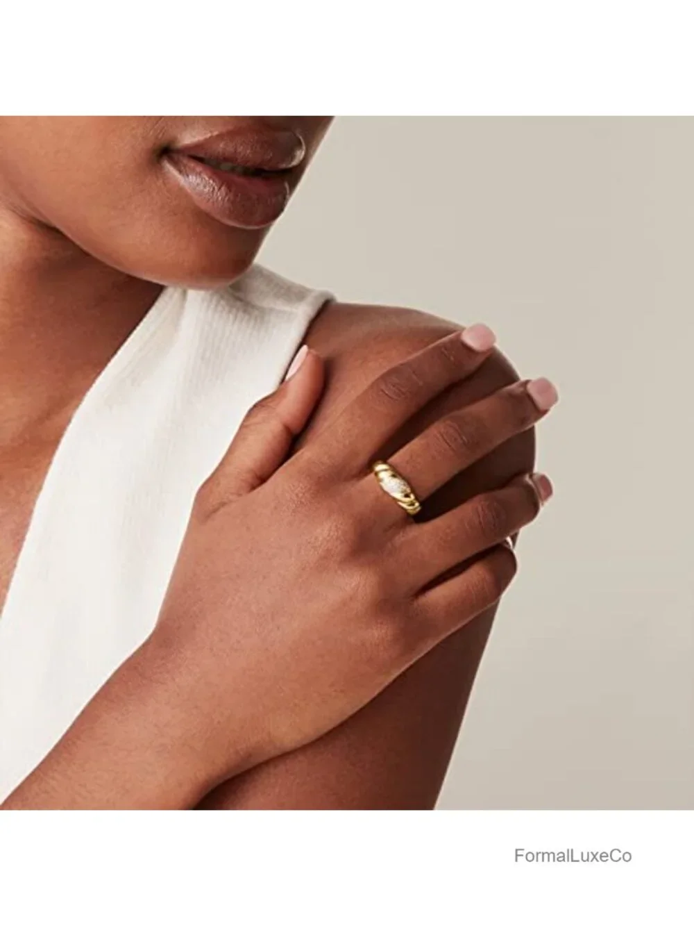 14K Gold Plated Croissant Dome Ring for Women, Chunky Signet Ring with Cubic